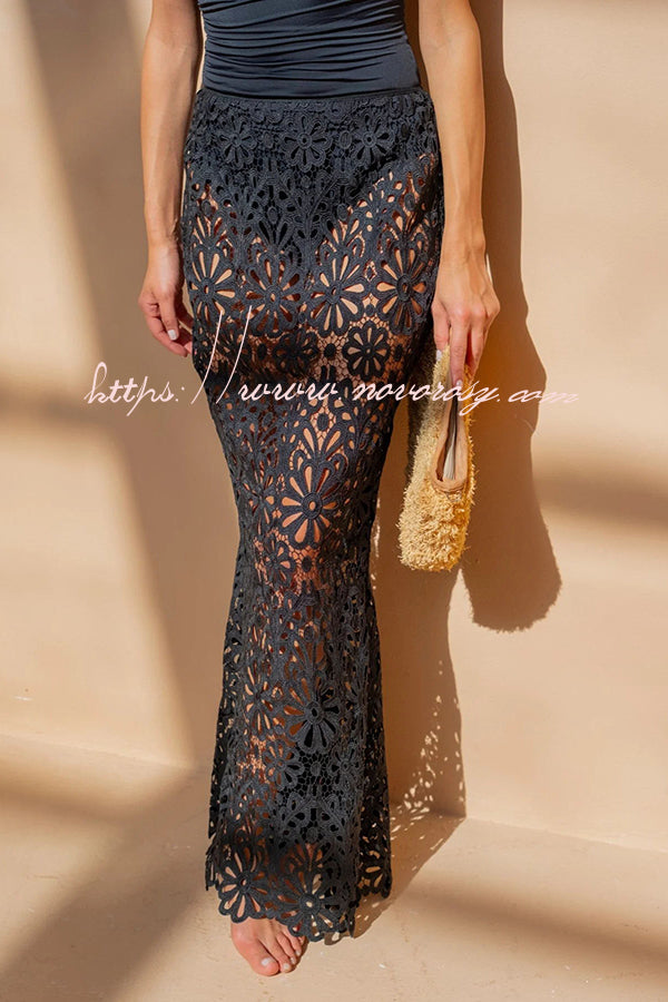 Balmy Summers Crochet Lace Floral Pattern Elastic Waist Fishtail Vacation Maxi Skirt