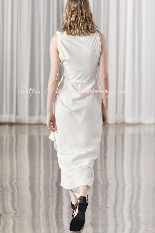 Sculptural Effect Linen Blend Twisted Shoulder Strap Drape Maxi Dress