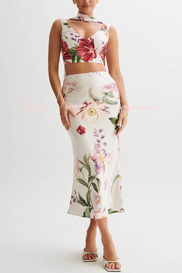 Sicilian Beauty Satin Floral Print Sleeveless Top with Scarf and Midi Skirt Set