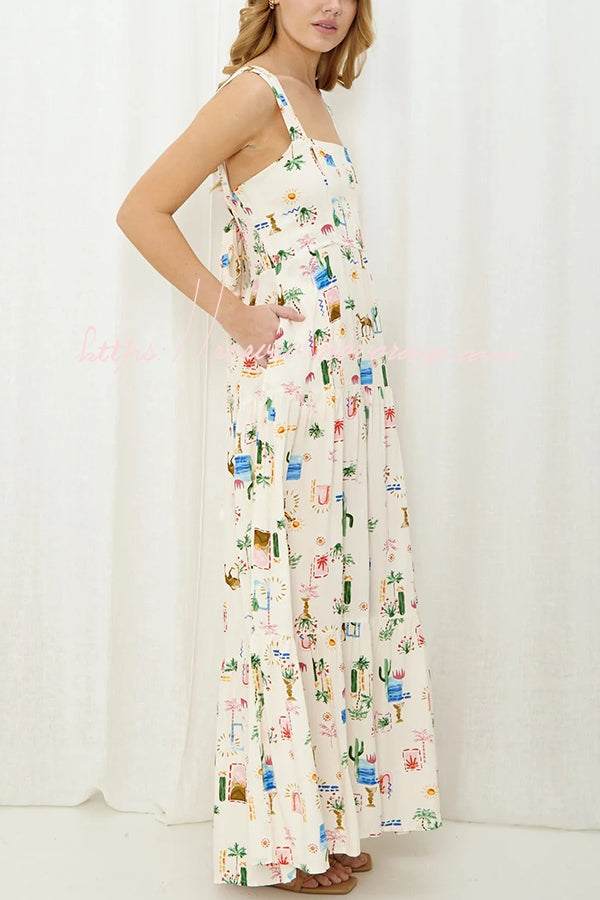 Unique Printed Sleeveless Lace Up Backless Maxi Dress