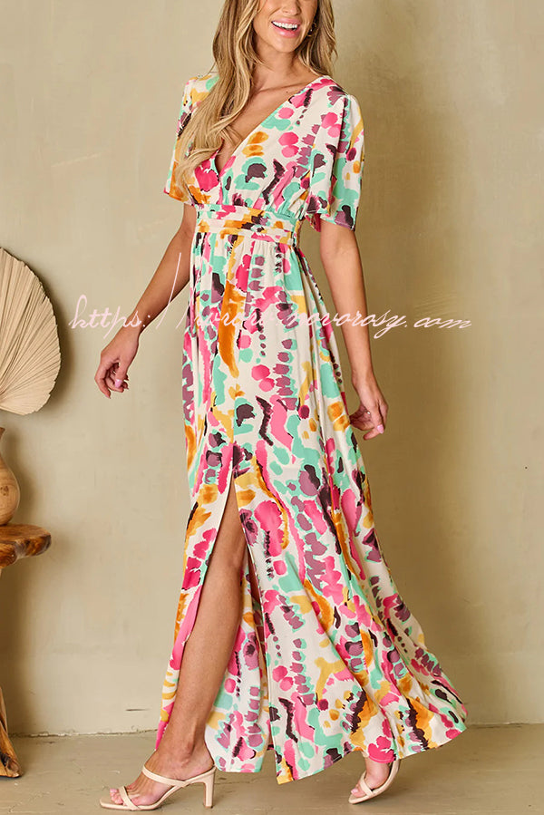 Colorful Printed Backless Lace Up Slit Maxi Dress
