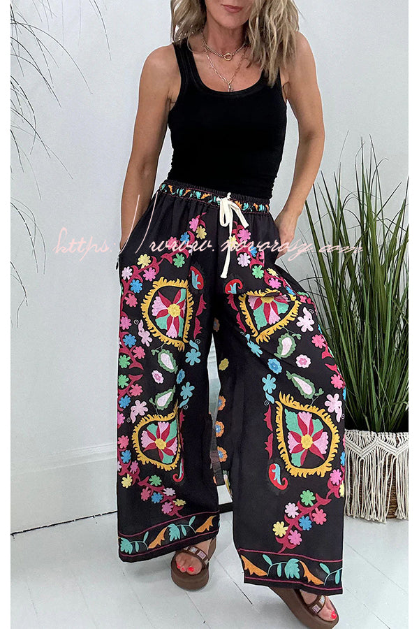 Hippie Style Unique Floral Denim Print Elastic Waist Pocketed Wide Leg Pants