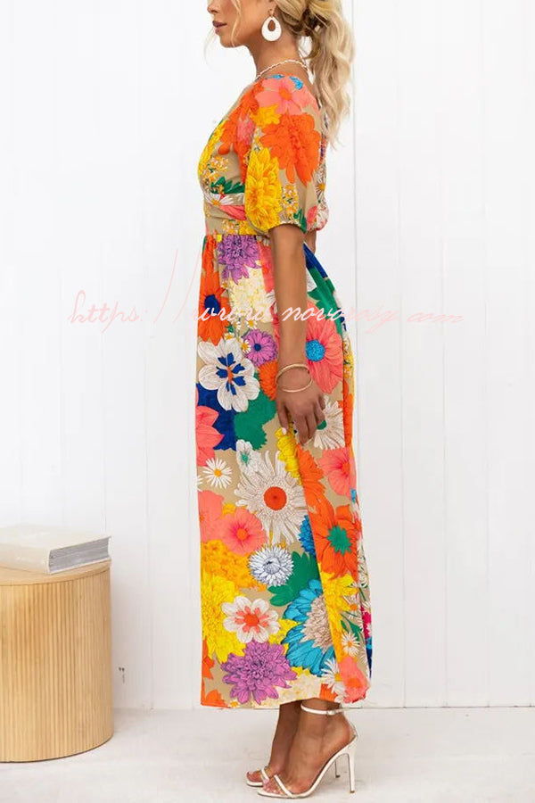 Floral Frenzy Printed Puff Sleeve Back Smocked Maxi Dress