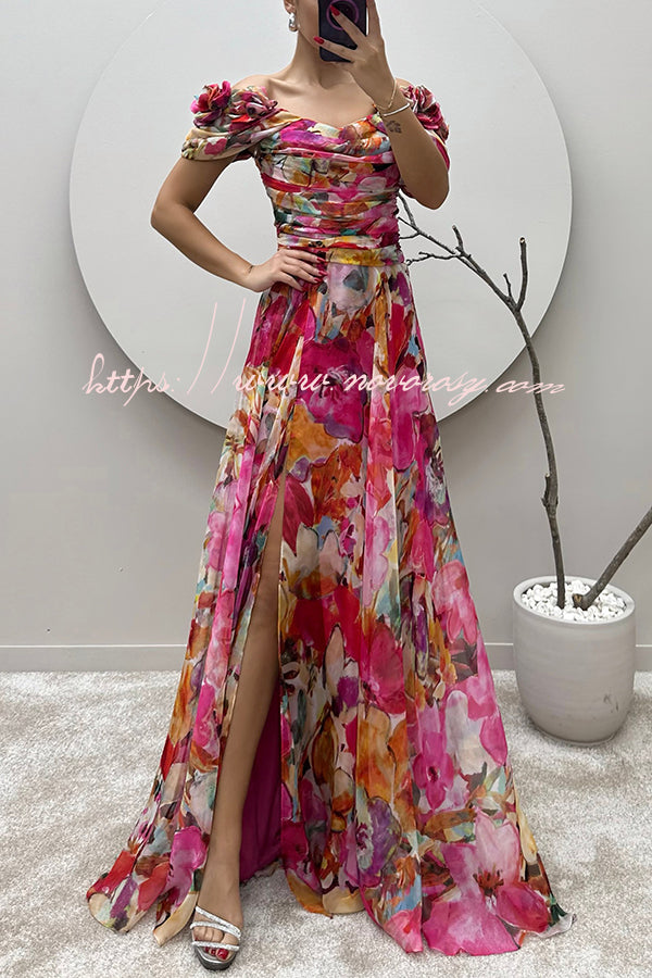 Gorgeous and Charming Printed Flower Off Shoulder Ruched Slit Maxi Dress