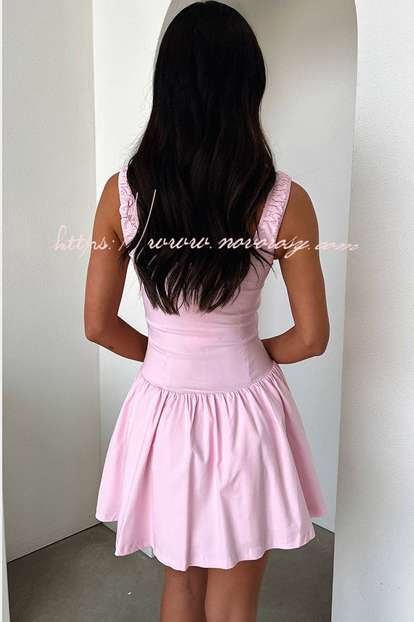 Summer Solid Color Elastic Shoulder Straps and Front Tie Mini Dress