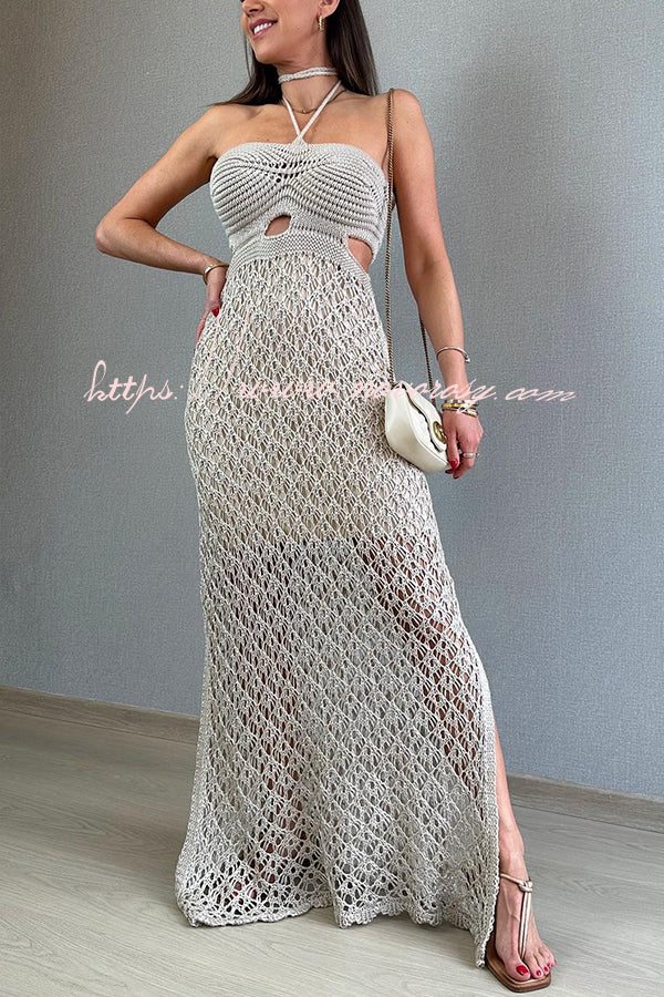 Sunset Beach Stroll Knit Texture Cutout Detail Halter Stretch Maxi Dress