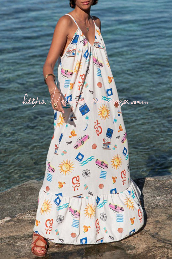 Marisol Linen Blend Unique Print A-line Slip Loose Maxi Dress