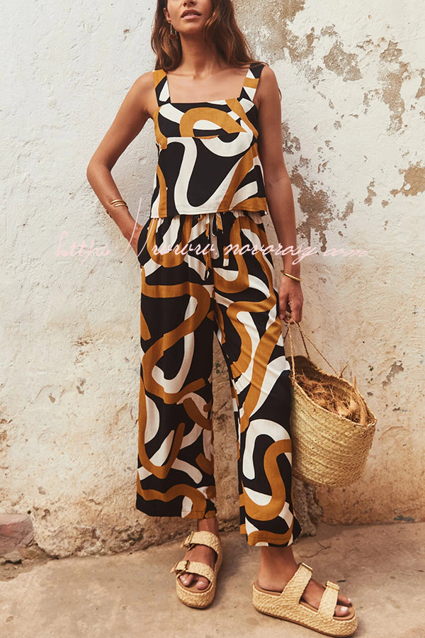 Printed Wide Straps Square Neck Tank and Pockets Elastic Waist Wide Leg Trousers Set
