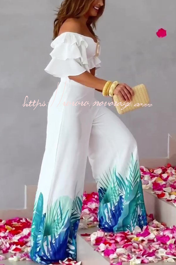 Sexy Off Shoulder Top and High Waisted Wide Leg Printed Pants Suit