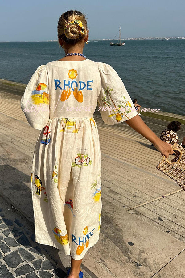 Cozy Summer Linen Blend Unique Print Button Puff Sleeve Loose Midi Dress