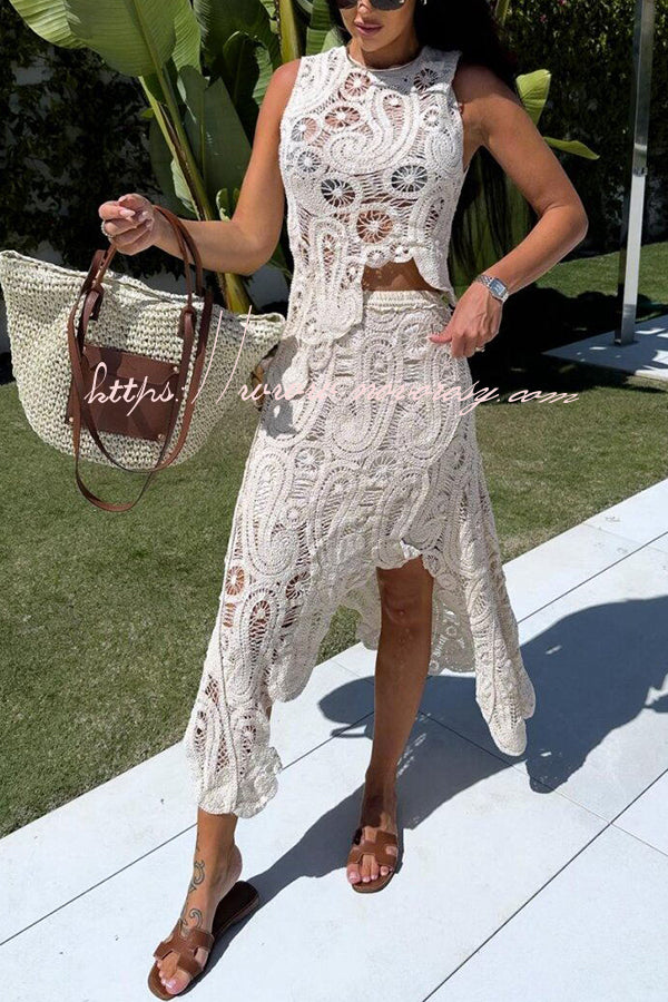 Summer Getaway Look Crochet Lace Elastic Waist Irregular Hem Maxi Skirt