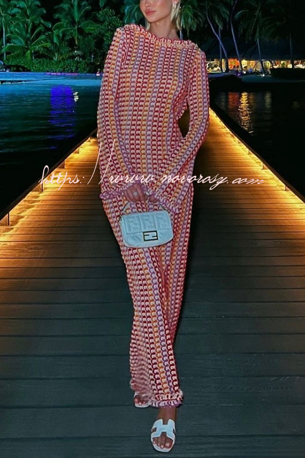 Ruffled Backless Long-sleeved Wavy Striped Beach Resort Maxi Dress
