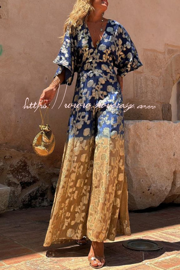 Avani Tie Dye Gradient Golden Flower Print Wide Sleeve Elastic Waist Jumpsuit