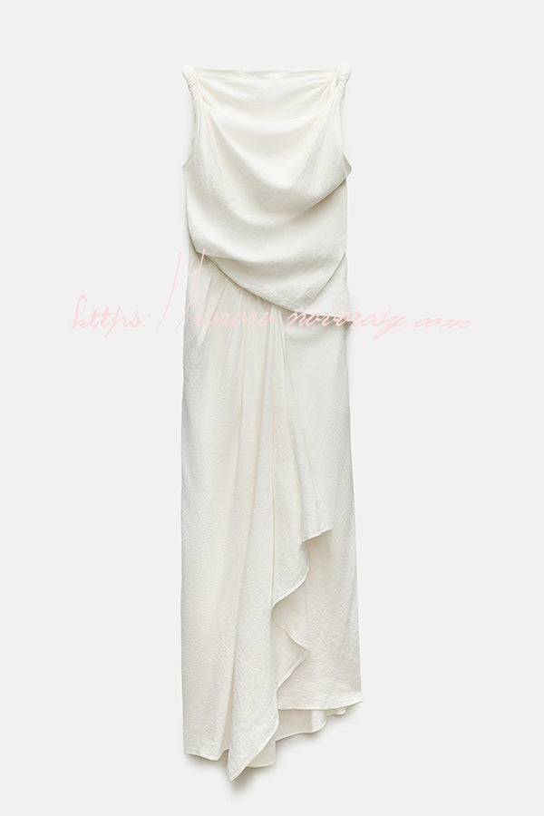 Sculptural Effect Linen Blend Twisted Shoulder Strap Drape Maxi Dress