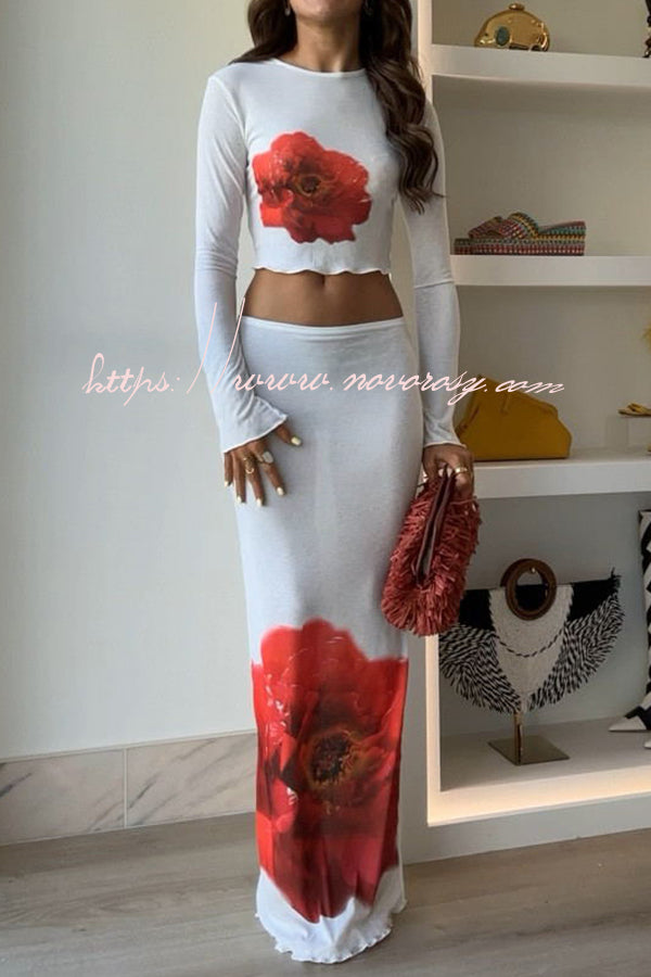 Back To The Sunsets Knit Floral Print Long Sleeve Crop Top and Stretch Maxi Skirt Set