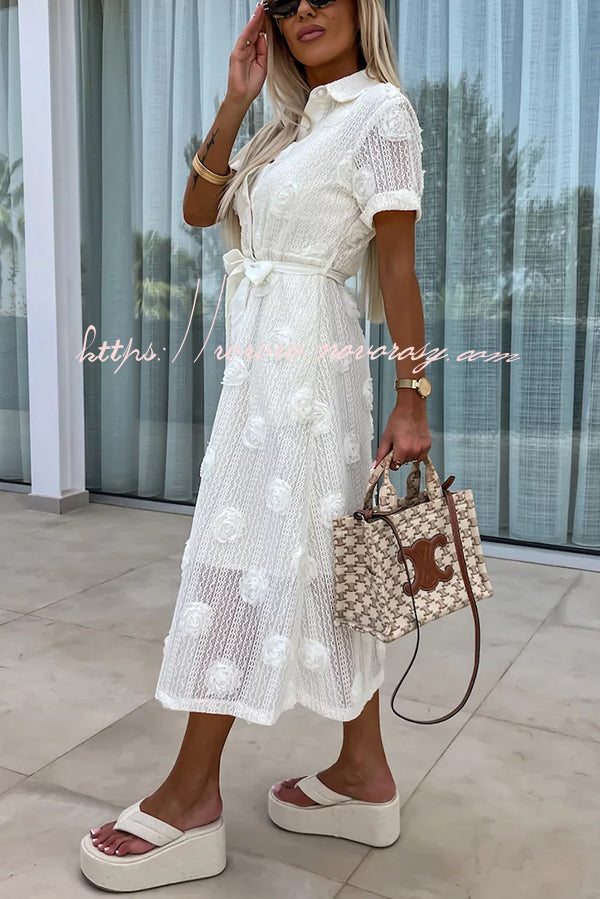 In A Dreamland Rose Embroidery Textured Fabric Belt Shirt Midi Dress