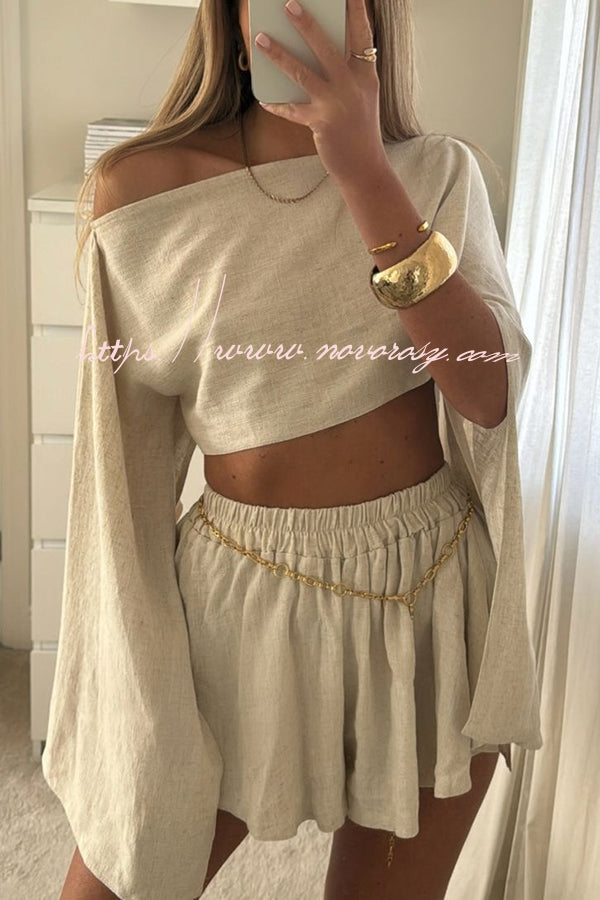 Mae Linen Blend Cropped Wide Sleeved Top and Elastic Waisted Shorts Set