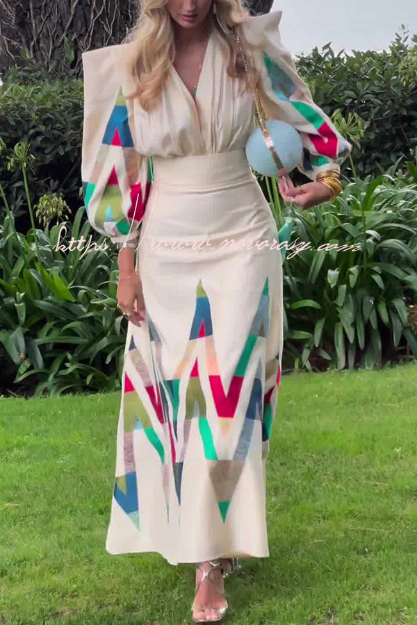 Highest Elegance Colorful Triangle Print Padded Shoulder Blouse and High Rise Maxi Skirt Set