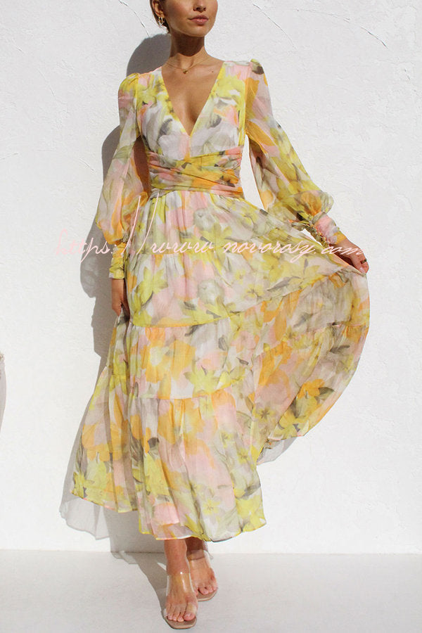 Olena Abstract Floral Balloon Sleeves Maxi Dress