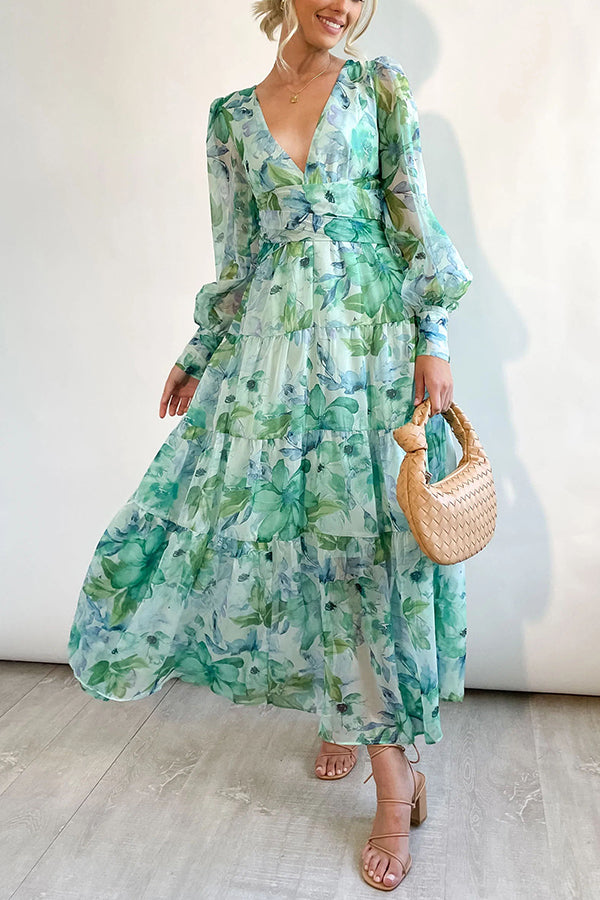 Olena Abstract Floral Balloon Sleeves Maxi Dress