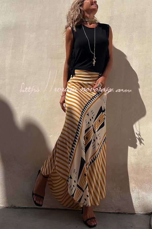 Eva Satin Geometric Print Elastic Waist Maxi Skirt