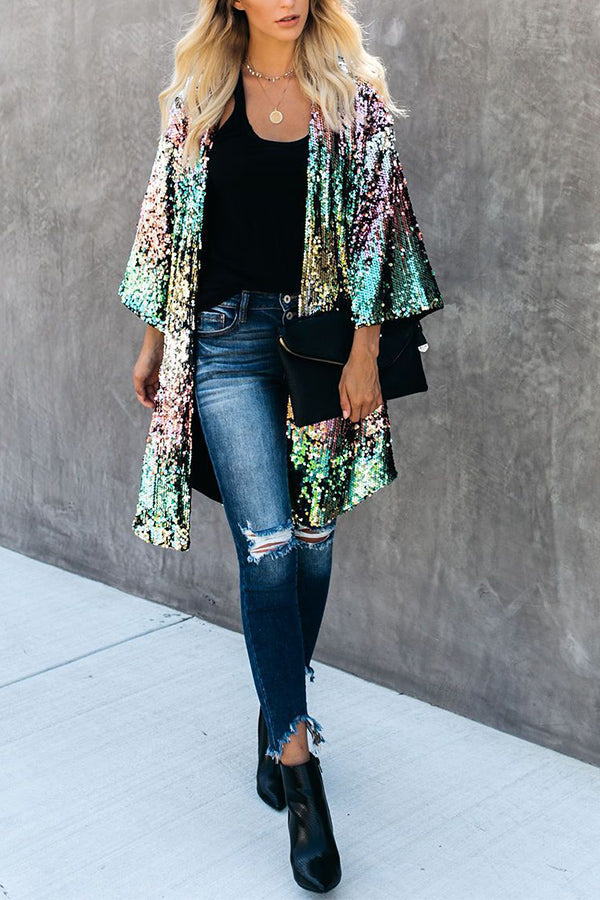 Colorful Sequins Three-quarter Sleeve Buttonless Jacket