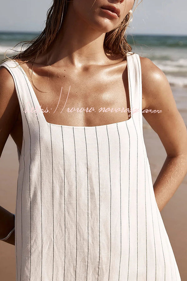 Simple and Stunning Linen Blend Pinstripe Detail Square Neck A-line Maxi Dress