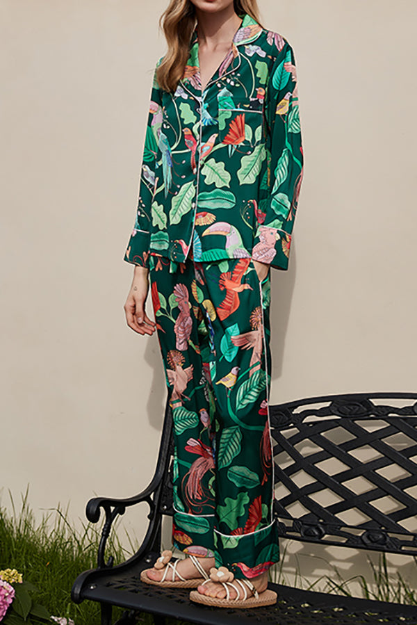 Green Parrot Print Home Long Sleeved Two-piece Set