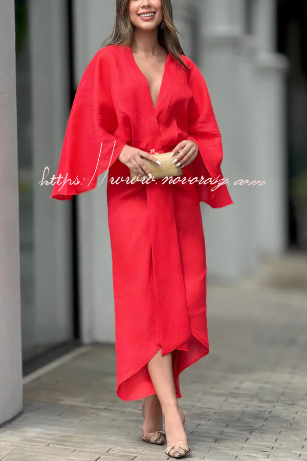 Chantelle Linen Blend Kimono Sleeves Drape High Low Maxi Dress