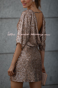 Always Beautiful Sequin Back Cowl Neck Bell Sleeve Mini Dress