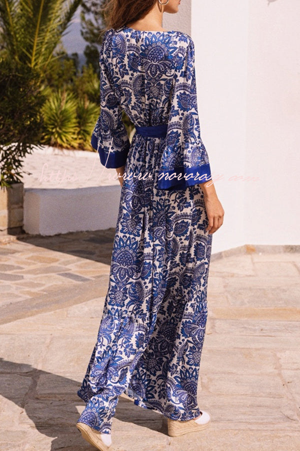 Greek Island Satin Unique Floral Print Tassel Belted Wrap Maxi Dress