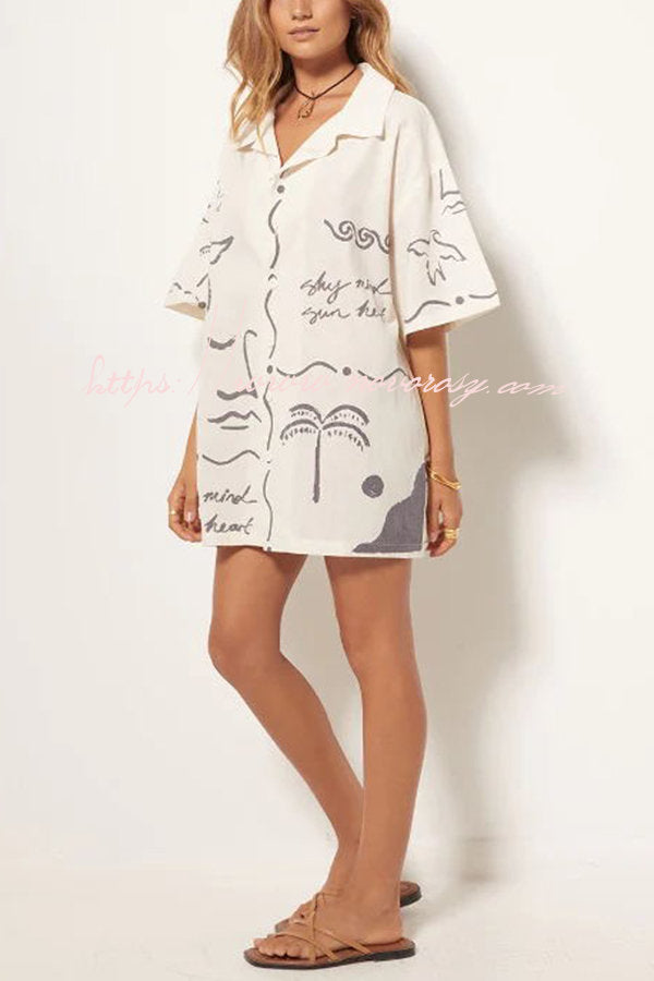 Free and True Linen Blend Hand-painted Print Blouse and Pocketed Shorts Set