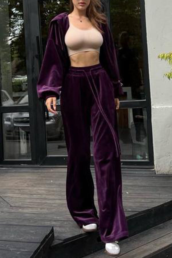 Velvet Zip Up Hooded Top and Drawstring Pants Two Piece Set