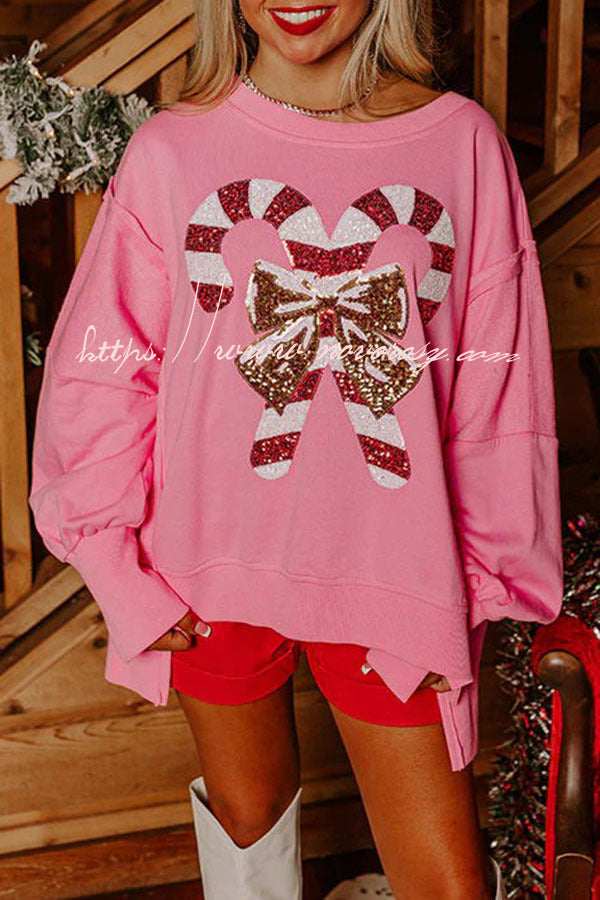 Candy Cane Lane Sequined Pullover Long Sleeved Sweatshirt