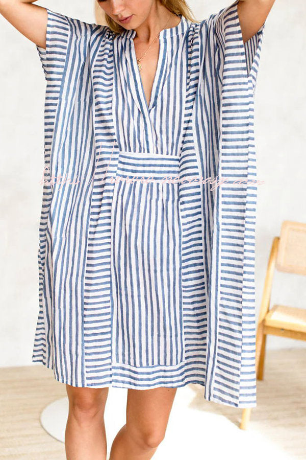Organic Ocean Stripes Cotton Blend Dolman Sleeve Relaxed Mini Dress