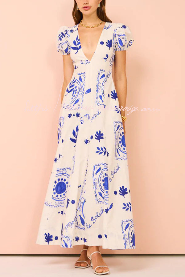 Embrace The Glamour Linen Blend Unique Print Puff Sleeve Pocketed Maxi Dress