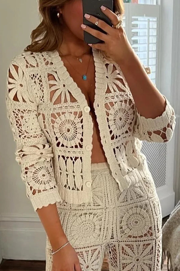 Summer Vacation Style Hollow Long-sleeved Knitted Cardigan Top