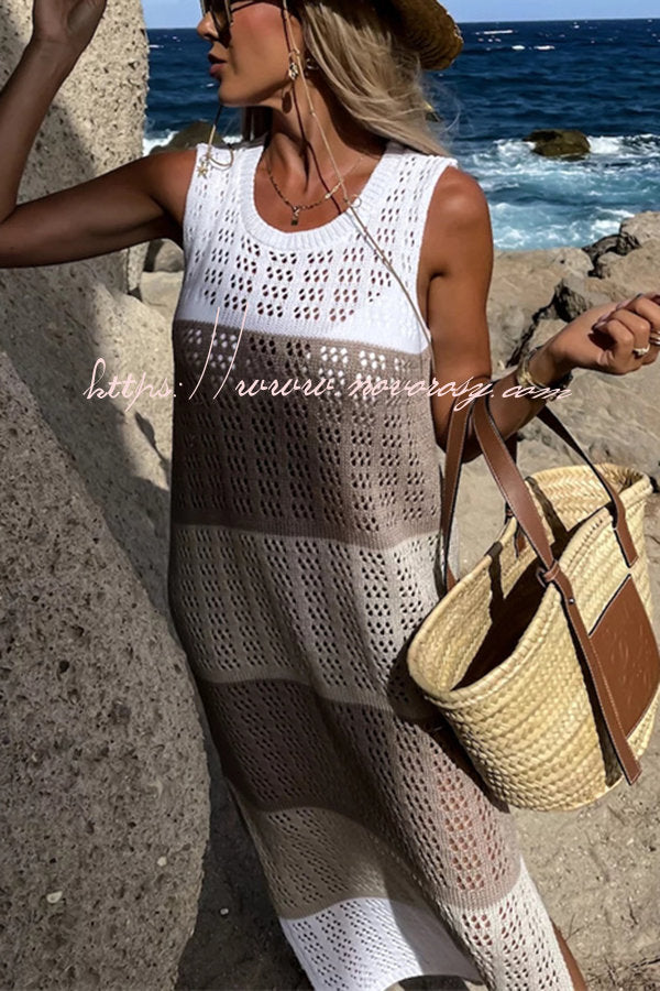 Alive and Free Knit Colorblock Hollow Out Slit Beach Midi Dress