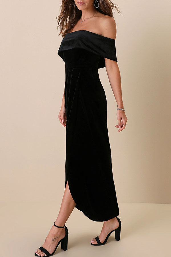 Enchanted Black Velvet Off The Shoulder Midi Dress