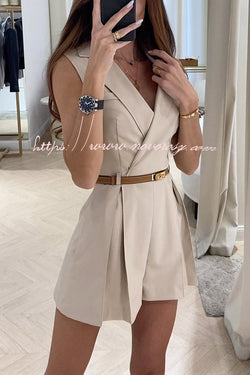 Office Lady or Fashion Girl Lapel Pocket Pleated Romper