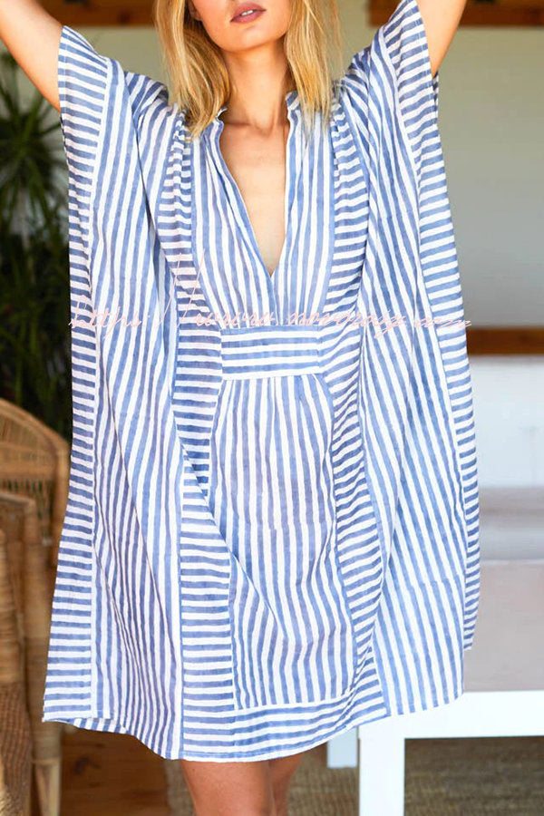 Organic Ocean Stripes Cotton Blend Dolman Sleeve Relaxed Mini Dress
