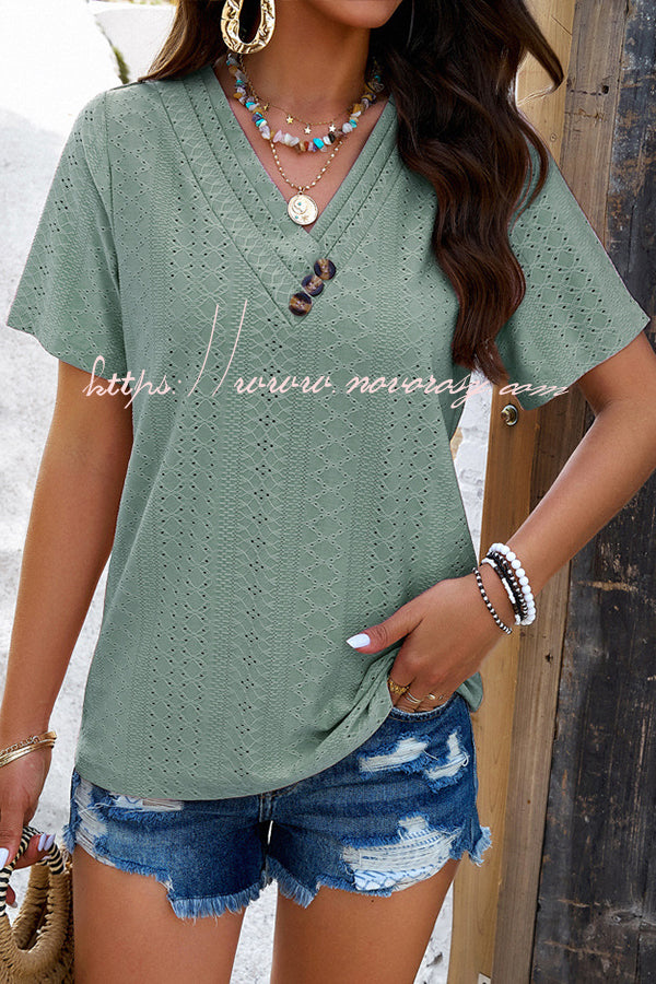 Temperament and Casual Buttoned V Neck Hollow Short Sleeved Top