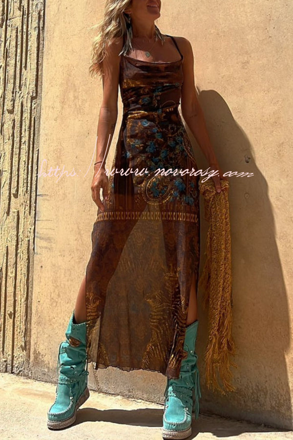 Gypsy Style Unique Print Cowl Neck Back Lace-up Slit Midi Dress