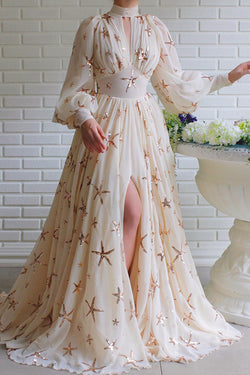 Grand Evening Chiffon Star Sequins Lantern Sleeve Party Maxi Dress
