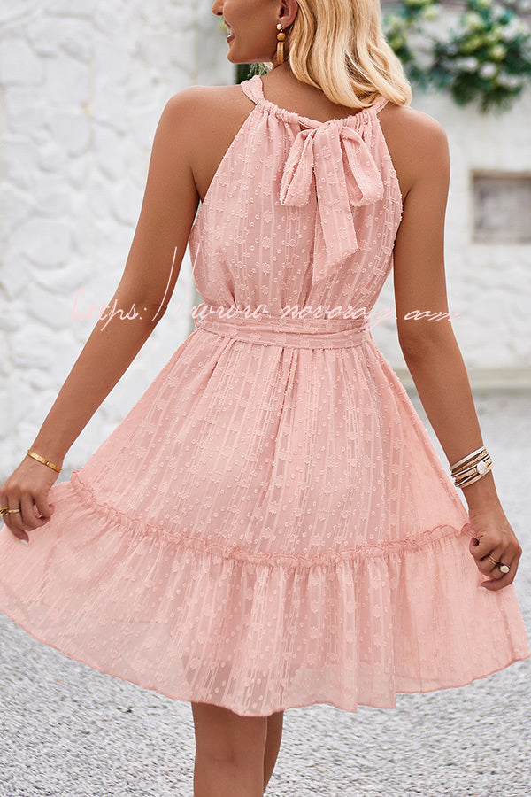 Simple Solid Color Jacquard Patchwork Lace Up Drawstring Mini Dress