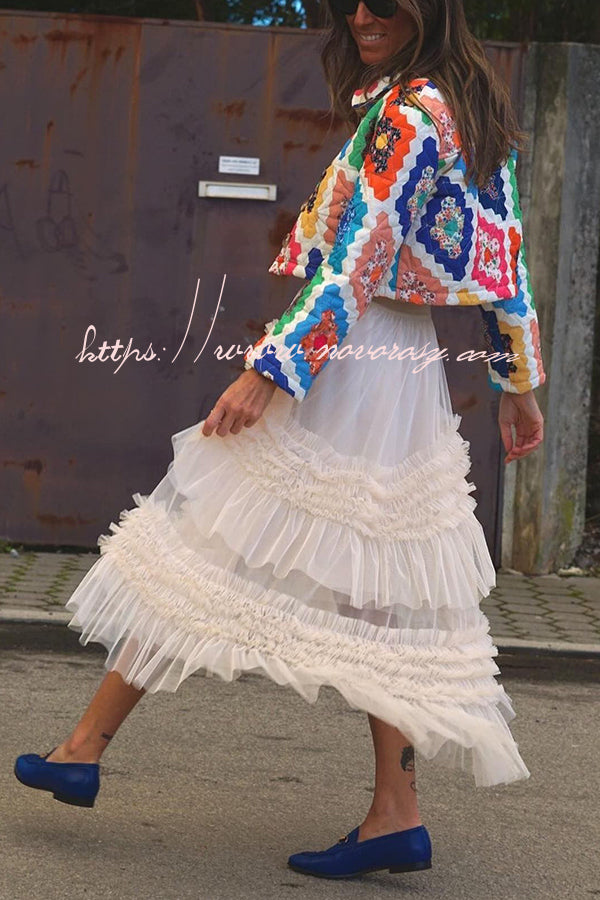 Elegant Mood Tulle Pleated Ruffle Elastic Waist Tiered Midi Skirt