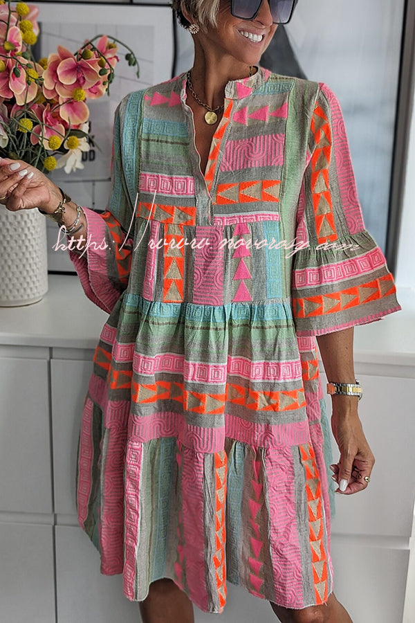 Just My Type Linen Blend Colorful Ethnic Print Bell Sleeve Babydoll Mini Dress