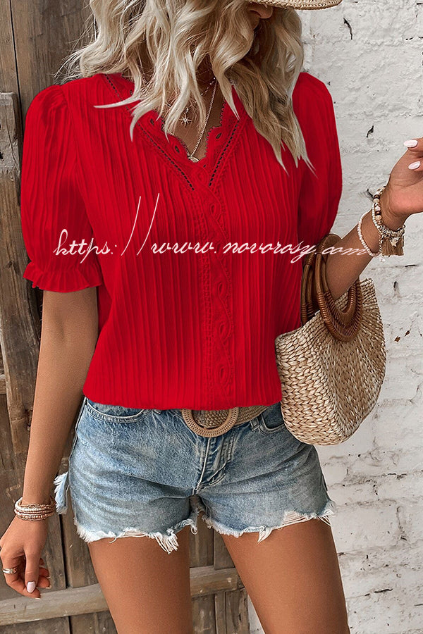 V Neck Solid Color Hollow Lace Shirt