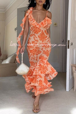Sweet Like Honey Floral Print Rufffle Tiered Fishtail Maxi Dress