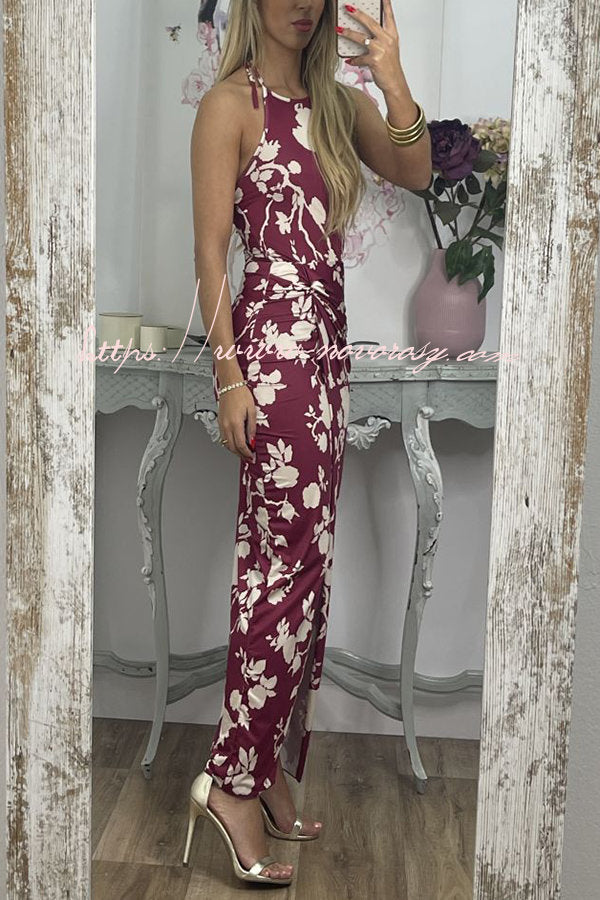 Thief of My Heart Floral Wrap Slit Halter Stretch Maxi Dress